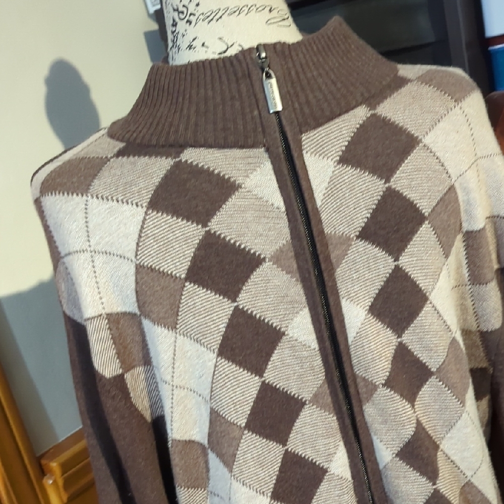 Size L Pierre Cardin Brown Argyle Zip-Front Men's Sweater - Picture 3 of 16